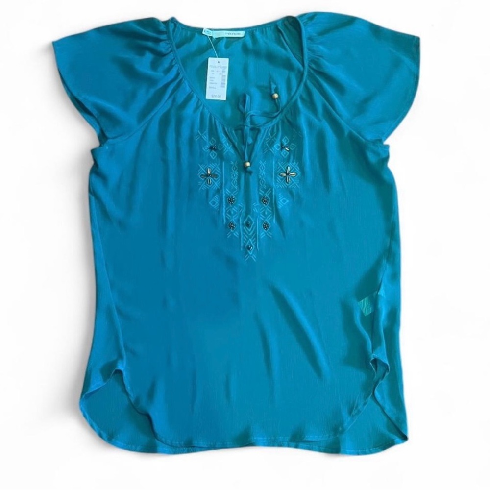 Maurices Teal Small Embroidered Sheer Blouse